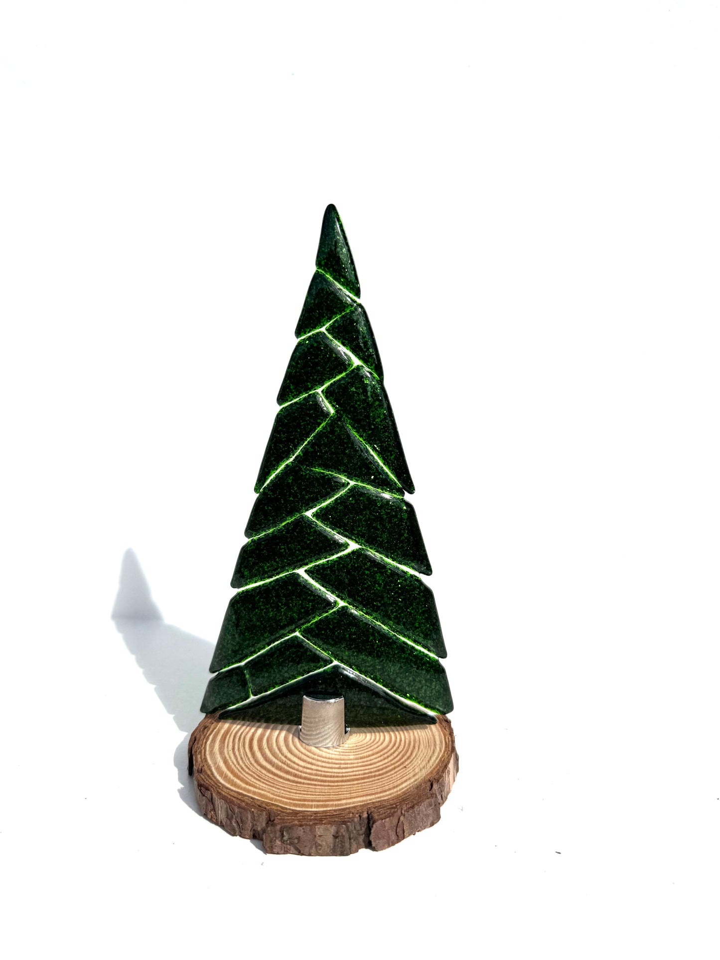 Table top christmas tree created in a sparkly dark green with a zig zag pattern you can feel as the texture is raised from the tree.