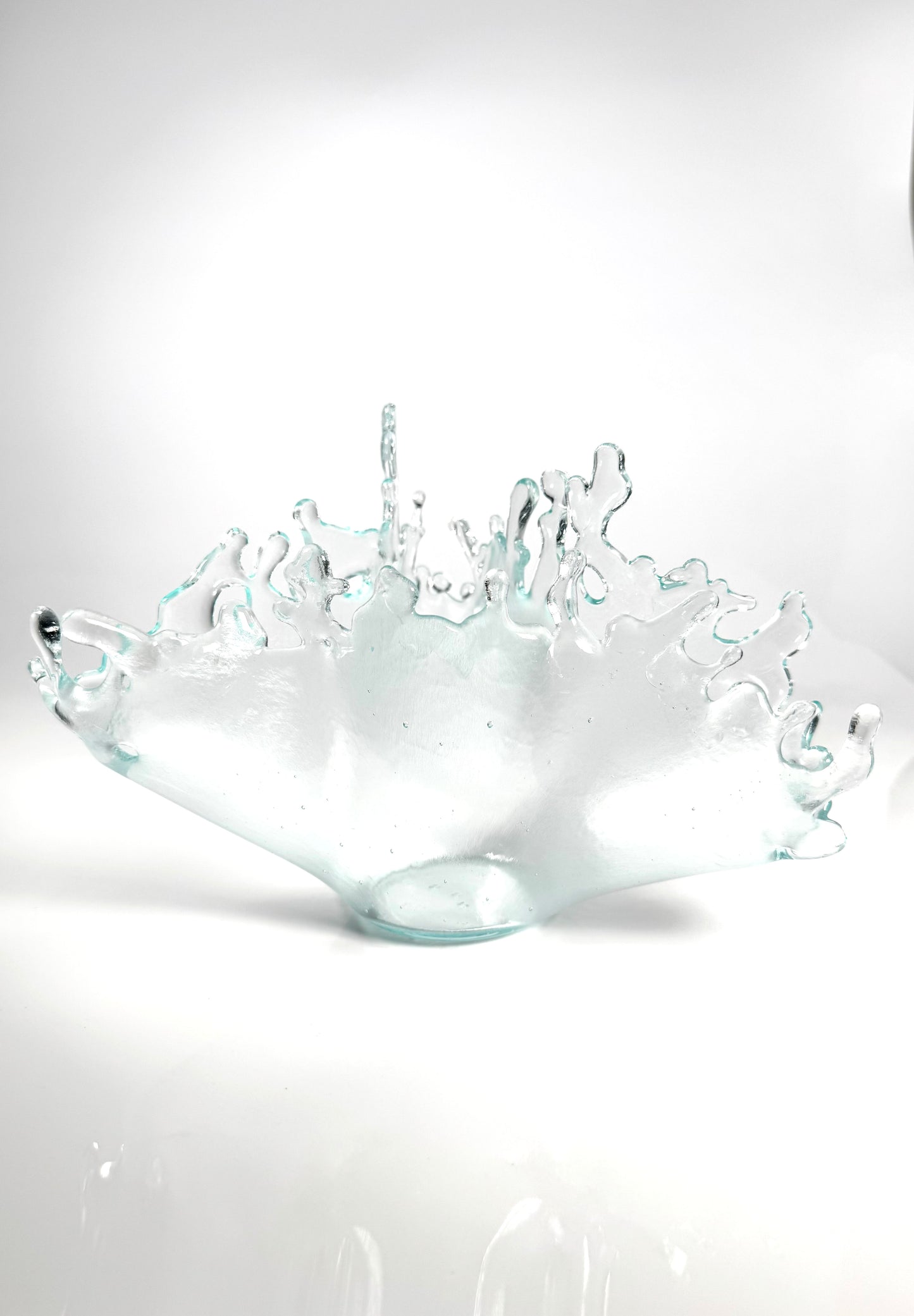 Clear glass bowl with textured surface on a white background