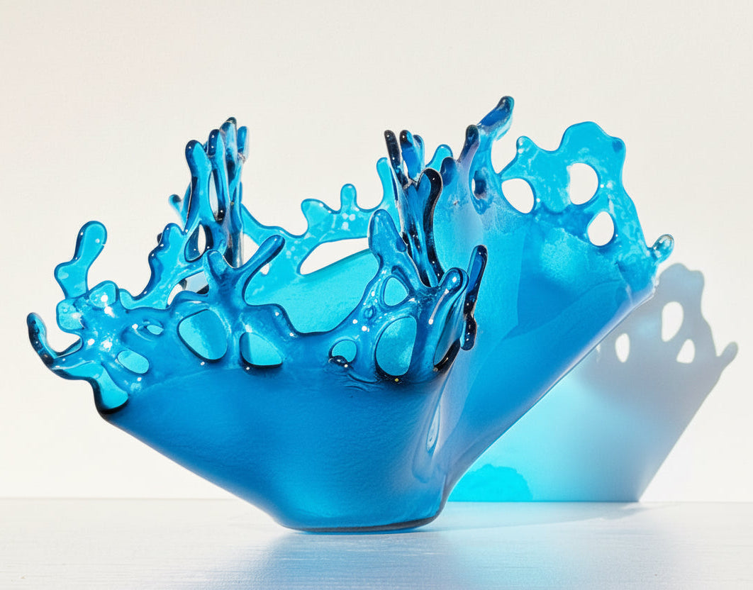 Blue glass vase resembling a splash